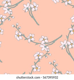 Blooming branch of cherry. Vector seamless pattern.