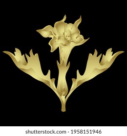 Blooming branch of Datura stramonium flower. Jimson weed. Thorn apple. Golden glossy silhouette on black background. Floral design.