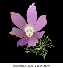 Blooming branch of Eastern pasqueflower with pretty female face inside flower. Creative botanical concept. Pulsatilla vulgaris. Purple flower. On black background.