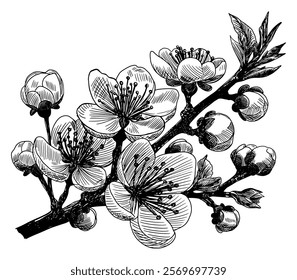 blooming branch isolated on white background hand drawn sketch spring flowers apricot plum cherry tree black white card design element line art detailed vector illustration