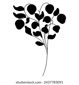 Blooming branch with leaves and fruits or flowers. Folk style. Black silhouette on white background.