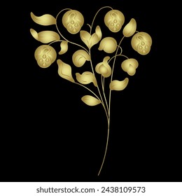 Blooming branch with leaves and fruits or flowers. Folk style. Golden glossy silhouette on black background.