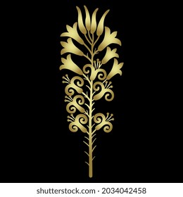 Blooming branch of lily flower. Golden glossy silhouette on black background. Ancient Greek Cretan Minoan floral motif.