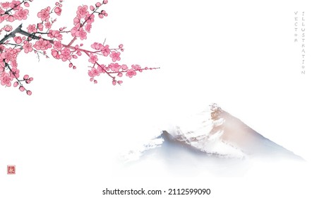 Blooming branch of oriental cherry and misty mountains. Traditional oriental ink painting sumi-e, u-sin, go-hua. Sakura plum blossom. Hieroglyph - eternity.