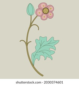 Blooming branch with pink flower and green leaf. Medieval floral motif. Folk style. Illuminated manuscript design. On light background.