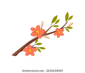 ramo florescente com a ilustração do vetor da flor da primavera rosa isolada no branco. Ramo de flor de cereja, flor de pêssego, ramo de sakura. Flores, botões para postal, anúncio, posts em mídias sociais.