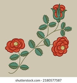 Blooming branch of red rose flower. Folk style. Isolated vector illustration. On beige background.