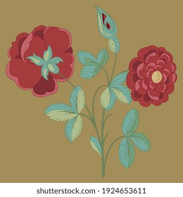 Blooming branch of red rose with two flowers. Beautiful vintage floral design. Isolated vector illustration. On gold background.