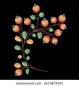 Blooming branch with ripe berries or flowers. Folk ethnic motif. Beautiful bough with green leaves and red fruits or blossom on black background.