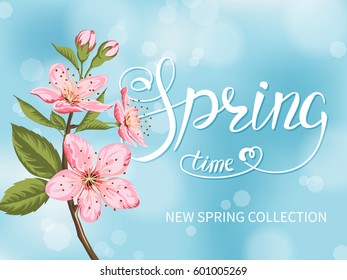 Blooming branch of sakura and Spring Time lettering on a blue blurred background.Vector Illustration.