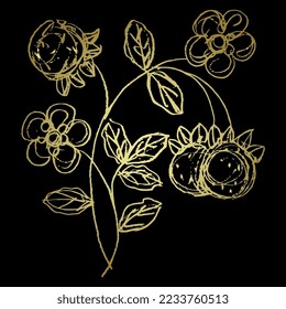 Blooming branch of strawberry plant with flowers and berries. Hand drawn linear doodle rough sketch. Golden silhouette on white background.