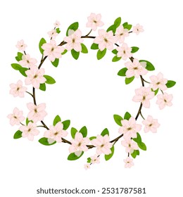 Blooming branch vector with pink spring blossom. Card with text place. Cherry flower blossom branch, peach bloom, sakura branch.