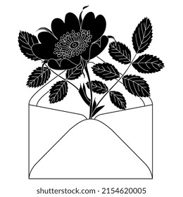 Blooming branch of wild briar rose inside paper envelope. Creative floral greeting design. Black and white silhouette.