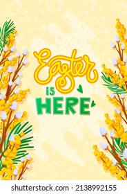 Blooming branches on Easter holiday background. Vector poster design for greeting and advertising products.