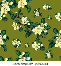 Blooming branches on a green background.Vector seamless pattern. Endless texture can be used for wallpaper, pattern fills, web page background,surface textures.