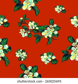 Blooming branches on a red background.Vector seamless pattern. Endless texture can be used for wallpaper, pattern fills, web page background,surface textures.