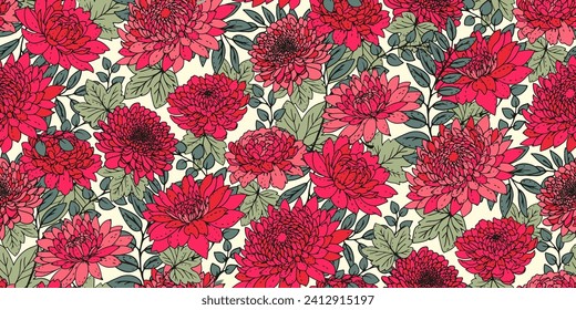Blooming bright red flowers with tiny green branches leaves seamless pattern. Spring or summer stylized meadow floral print. Vector hand drawn. Artistic botanical illustration print. Design for print
