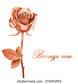 Blooming bronze Flower Rose object. Love, romance and Valentine greeting holiday card Isolated on white, vector