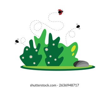 Blooming Bush with Insects Flying Around Flat Style Isolated. Nature and wildlife elements concept vector art