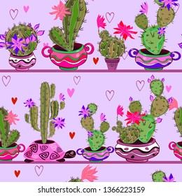 Blooming cacti in funny pots. Seamless pattern. Vector