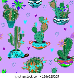 Blooming cacti in funny pots. Seamless pattern. Vector