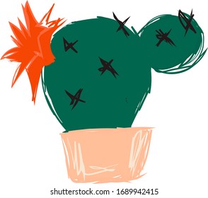 Blooming cacti. Hand drawn cactus in pot set. Plant art graphic, element floral houseplant. Vector illustration