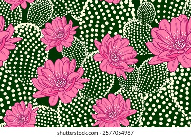 Blooming cacti. Imitation polka dot fabric. Seamless floral pattern. Flowers cactus background. Vintage. Vector illustration. Aloha style. Template for Hawaiian shirts, textile, wallpaper, paper