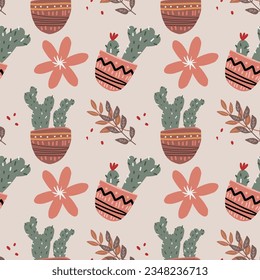 blooming cacti in painted pots on a pink background.vector pattern