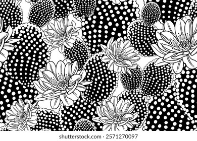 Blooming cacti. Seamless floral pattern. Black and white flowers background. Vintage. Vector illustration. Template for textile, wallpaper, paper.