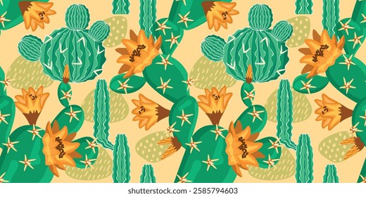 Blooming cacti seamless pattern. Green,orange,brown colors on yellow background. Desert plants with needles and different shapes. Print on fabric and paper. Vector design for textile, wallpaper, cover