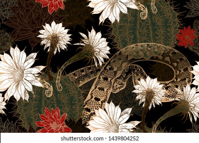 Blooming cacti and snakes. Print gold foil on black background. Floral seamless pattern. Template for fabrics, textiles, wallpaper, paper. Vector illustration art. Exotic luxury nature ornament.