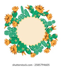 Blooming cacti wreath with space for text. Floral composition of thorny desert plants. Green, yellow,orange and brown colors. Botanical vector design for banner template, poster, card. Flat color.