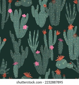 Blooming cactus abstract ornament. Exotic desert cacti, wild plants, prickly succulents in flat style. Botanical vector seamless pattern.