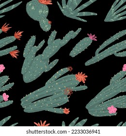 Blooming cactus abstract ornament. Exotic desert cacti, wild plants, prickly succulents in flat style. Botanical vector seamless pattern.