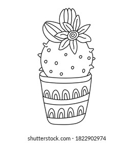 Blooming cactus with a beautiful flower in doodle style. Houseplant in a pot decorated with pattern. Hand drawn vector illustration of succulent in black ink on white background.	Isolated outline.