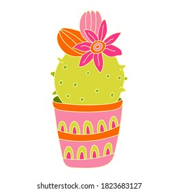 Blooming cactus with beautiful flowers in flat style with outline. Houseplant in a pot decorated with pattern. Hand drawn vector illustration of succulent isolated on white. Pink, green, orange.	