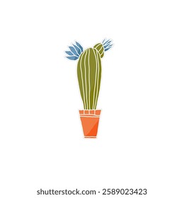 Blooming cactus in a ceramic pot, flat vector sticker . Minimalist home decor illustration, isolated on a white background. Perfect for stickers, botanical designs, and interior decoration.