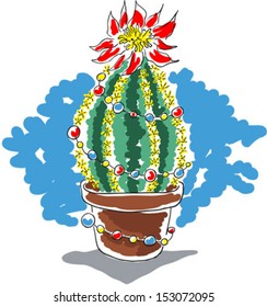 Blooming cactus decorated with Christmas garland