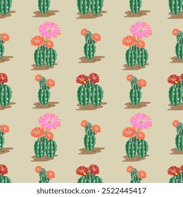 Blooming Cactus Delight: Colorful Desert Floral Seamless Pattern