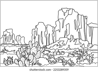 Blooming cactus in the desert. Arizona landscape. Coloring book antistress for children and adults.