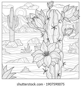 
Blooming Cactus In The Desert.Coloring Book Antistress For Children And Adults.Zen-tangle Style. Black And White Drawing.Hand Drawn