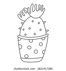 Blooming cactus in doodle style. House plant in a pot decorated with polka dots. Hand drawn vector illustration of succulent in black ink on white background.	Isolated outline.