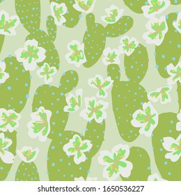 Blooming cactus. Exotic botanical seamless pattern. Flat floral ornament. Cartoon style cutout design.