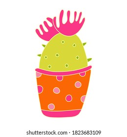 Blooming cactus in flat style with outline. House plant in a pot decorated with polka dots. Hand drawn vector illustration of succulent isolated on white. Pink, green, orange colors.