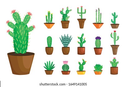 Blooming cactus. Cactus with flower. Cactus in pot. Vector flat cartoon icon vector illustration set.