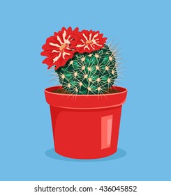 Blooming cactus. Cactus with flower. Cactus in pot. Vector flat cartoon icon illustration