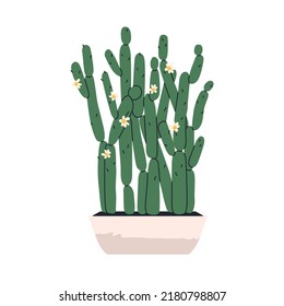 Blooming Cactus, House Prickly Plant Growing In Floor Planter. Green Cacti With Blossomed Flower In Pot For Home Backyard. Tall Exotic Houseplant. Flat Vector Illustration Isolated On White Background