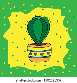 Blooming cactus on a bright yellow background. Hand drawn sketch. For the design of postcards, banner, paper, textile.