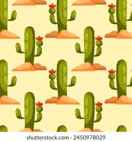 Blooming cactus. Pattern with cartoon cactus. Cactus in flat style. Desert plant. Pattern for textile, wrapping paper, background.