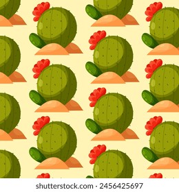 Blooming cactus. Pattern with cartoon cactus. Cactus in flat style. Desert plant. Pattern for textile, wrapping paper, background.	
